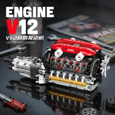 杰星JJ9253V12发动机跑车引擎模型机械组动力拼装积木男孩子玩具