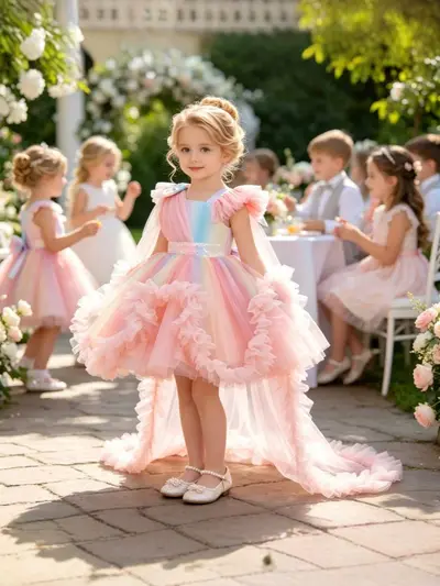 Mädchen-Babykleid zum ersten Geburtstag, Schrägschulter-Tutu mit Schleppe