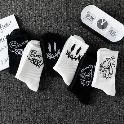 Ghostface Plus Size Women's Cotton Basketball Sports Socks Black and White - 13