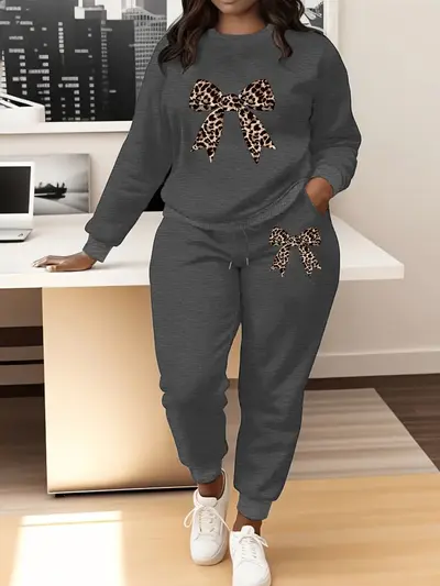 Women's Leopard Print Bow Long Sleeve Round Neck Sweatshirt Set - 10