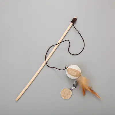 Handgefertigte Katzenangel mit Glöckchen, Feder, Holzstab - 10
