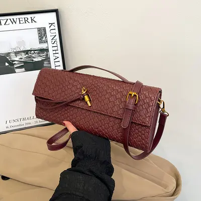 Örgü Baget Çanta, Retro Tasarım, Yumuşak Deri, Tek Omuz ve Çapraz Askılı - 8