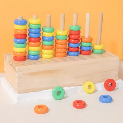 Children's Wooden Rainbow Stacking Rings Color Sorting and Matching Toy, Baby Color Recognition Hands-On Brain Game