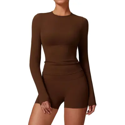 Damen Herbst-Winter Langarm-Yoga-Set, gebürstet, Rundhals, Pilates-Bekleidung