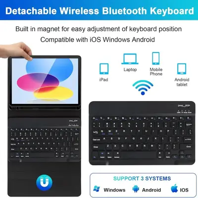iPad 10th Gen Protective Case with Detachable Bluetooth Keyboard, A16, Pen Slot
