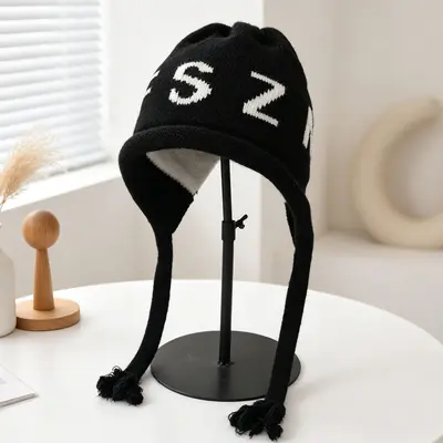 Letter-Design Knit Hat for Women, Windproof with Tassel and Ear Protection