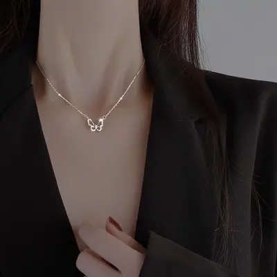Kadınlar için içi boş kelebek elmas kolye, trend, popüler, zarif köprücük kemiği zinciri, niş tasarım, sade orman stili kolye