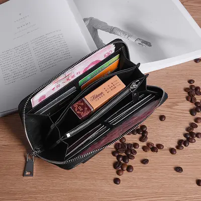 Men's Mid-Length Wallet, Split Leather, Zipper Clutch - 4