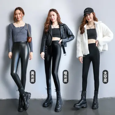 Women's Fleece-Lined PU Leather Pants, High Waist, Plus Size