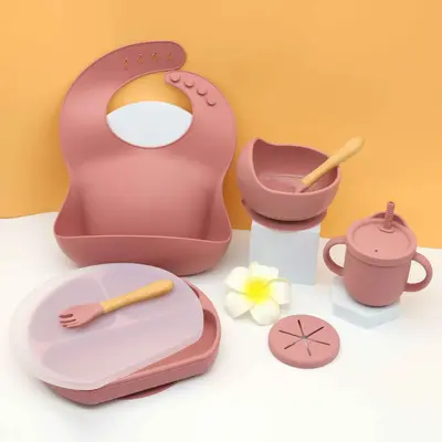 Silikon yemek tabağı bebek önlüğü bebek kasesi sofra takımı placemat kaşık çatal düşmeye karşı atıştırmalık bardak seti sınır ötesi hazır stok - 9