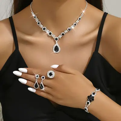 Moda Avrupa Amerika Yeni Koleksiyon Lüks Kristal Mücevher Kadın Su Damlası Kolye Küpe Bileklik Yüzük Seti - 4