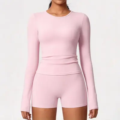 Women's Autumn Winter Long-Sleeve Yoga Set, Brushed Crew Neck Pilates Wear - 7
