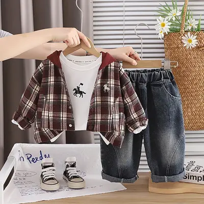 Boys Hooded Jacket Plaid Pants Cardigan 3-Piece Set