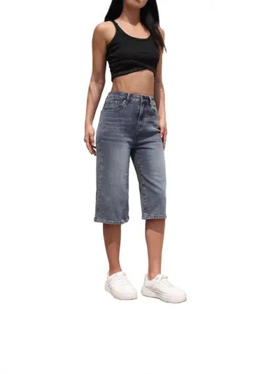 Women's High-Waist Elastic Denim Mid-Length Pants, Breathable