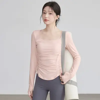 Long-Sleeve Open-Back Pleated Yoga Top with Built-in Bra Pads - 6