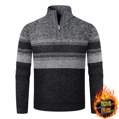 Herren-Strickpullover mit Stehkragen, Halbreißverschluss und Fleece-Futter - 8