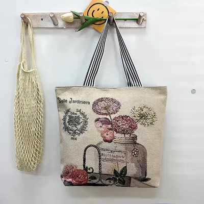 Gold Silk Fabric Women's Canvas Tote Bag with Creative Pattern - 11