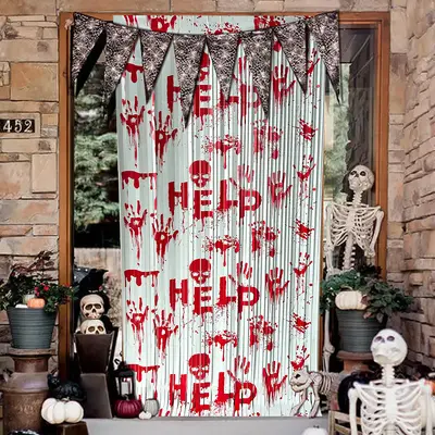 Halloween Horror Rain Tassel Door Curtain 1x2 m with Bloody Handprint HELP