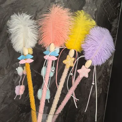 Ostrich Feather Cat Teaser Wand with Plush Wooden Stick - 3