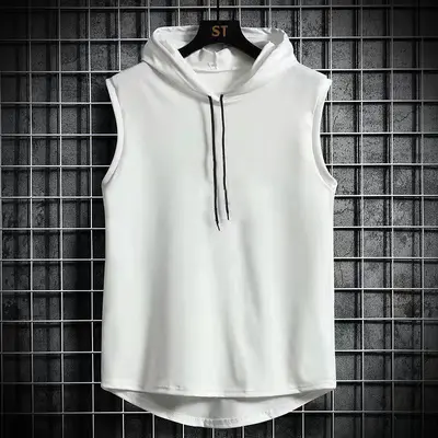 Men's Hooded Sleeveless Vest, Loose Fit, Solid Color Sports Top - 7