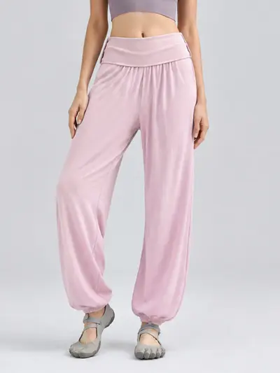 Damen-Yogahose mit Taillenknopf und weitem Bein, hohe Taille - 9