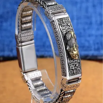 Pixiu silver bracelet, 18 beads, vintage design, wide band - 5