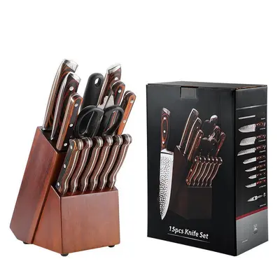 Grenzüberschreitendes Küchenmesser-Set mit Hammerschlag-Schmiedeoptik, Küchenchefmesser mit Holzgriff und Stahlklinge, 15-teiliges Messerset, Gemüsemesser, Fleischmesser