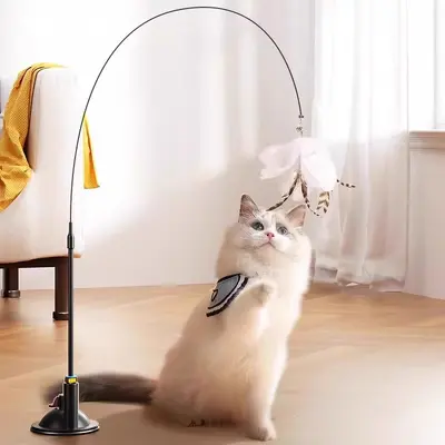 Suction Base Cat Teaser Wand with Steel Wire and Replacement Feather Head - 1