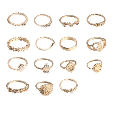 Vintage Gold Coin Hand of Fatima Ring Set, 15 Pieces