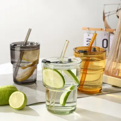 Trendy bambu pipetli kahve fincanı, mağaza promosyon hediyesi logolu baskılı cam su bardağı.