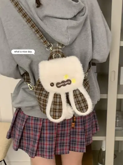 Women's Winter Woolen Plaid Mini Backpack with Cute Rabbit Plush - 3