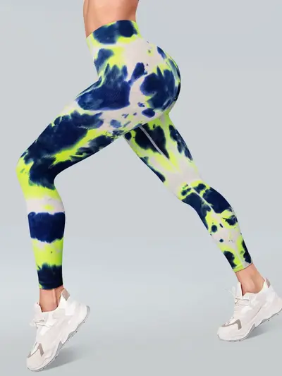 Sports yoga fitness seamless leggings, blue-green tie-dye, high-waist women's