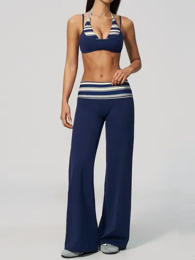 Women's Fitness Set: Contrast Color Open-Back Bra and Wide-Leg Yoga Pants