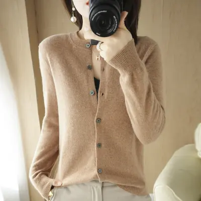 Women's OL Style Elegant Long-Sleeve Round Neck Straight-Cut Knit Cardigan Sweater - 9