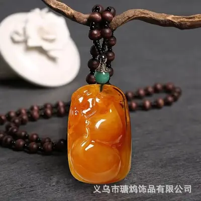新款复古民族风老蜜蜡吊坠鸡翅木长项链女无事牌毛衣链棉麻配饰 - 8