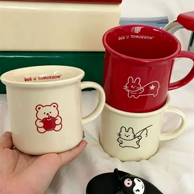 Cute Cartoon Ceramic Mug Couple Set, Bright Red, Christmas Gift - 1