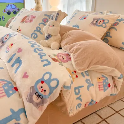Grade A Milk Fleece Four-Piece Set Thickened Coral Fleece Double-Sided Flannel Quilted Duvet Cover Bed Sheet Fitted Sheet Three-Piece Bedding Set - 13