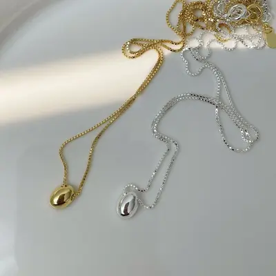 S925 sterling silver oval bean necklace, Korean style, minimalist