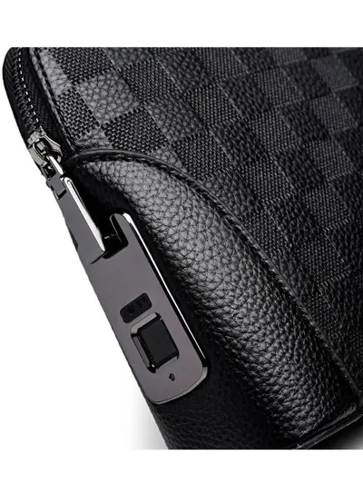 Men's Clutch Bag with Fingerprint Lock, Phone and Coin Compartments, Checkered Pattern - 5