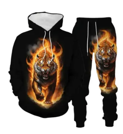 Men's Animal Print Hooded Sweatshirt Set, Spring Autumn, European Style - 13