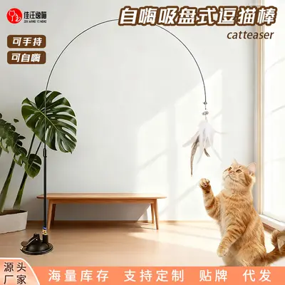Suction Cup Cat Teaser Wand with Replacement Bell and Feather Heads - 1