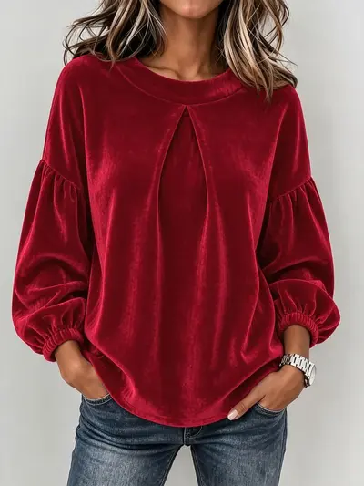 2026 European and American Cross-Border Women's Clothing Amazon Patchwork Lantern Sleeve Velvet Round Neck Solid Color Minimalist Long Sleeve Top T-Shirt