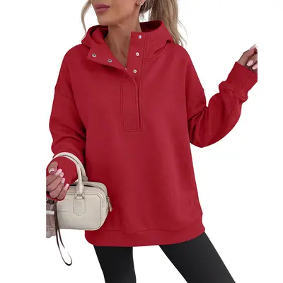 Damen-Kapuzensweatshirt mit halbem Knopfkragen, locker geschnitten, langärmlig