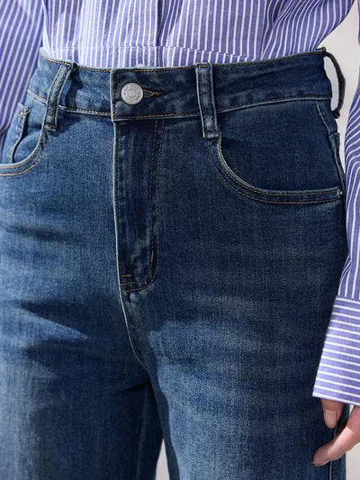 Retro Mavi Esnek Kot Pantolon Kadın, Hafif Çan Paça, Dar Olmayan Kesim