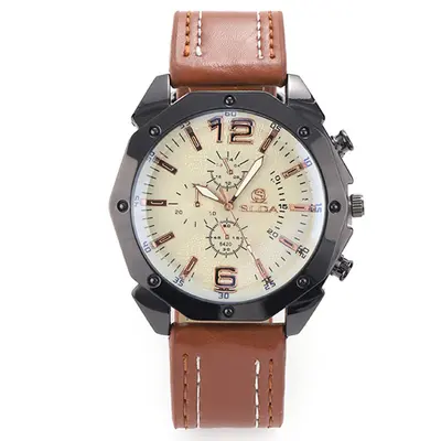 Men's quartz watch with leather strap, large dial, Korean style - 9