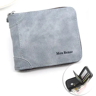 Men's Short Zip Bi-Fold Wallet, Retro Matte PU, Coin Pocket - 6
