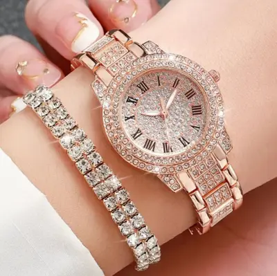 Trendy Best-Selling Roman Numeral Luxury Diamond-Studded Cuban Bracelet with Women's Watch Fashionable Hip-Hop Steel Watch - 13