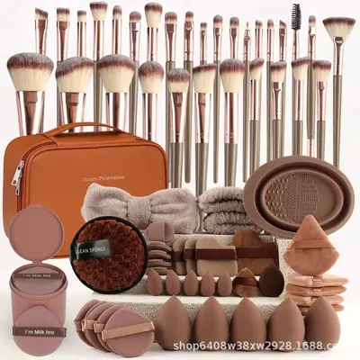 67-Piece Brown Makeup Brush and Powder Puff Set, 30 Brushes