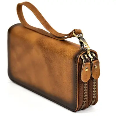 Men's Crazy Horse Leather Long Wallet with Zipper, Double-Layer Cowhide - 10