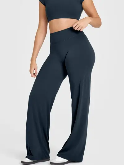 Yüksek belli spor geniş paçalı pantolon, dikiş izi yok, yüksek esneklik, kadın